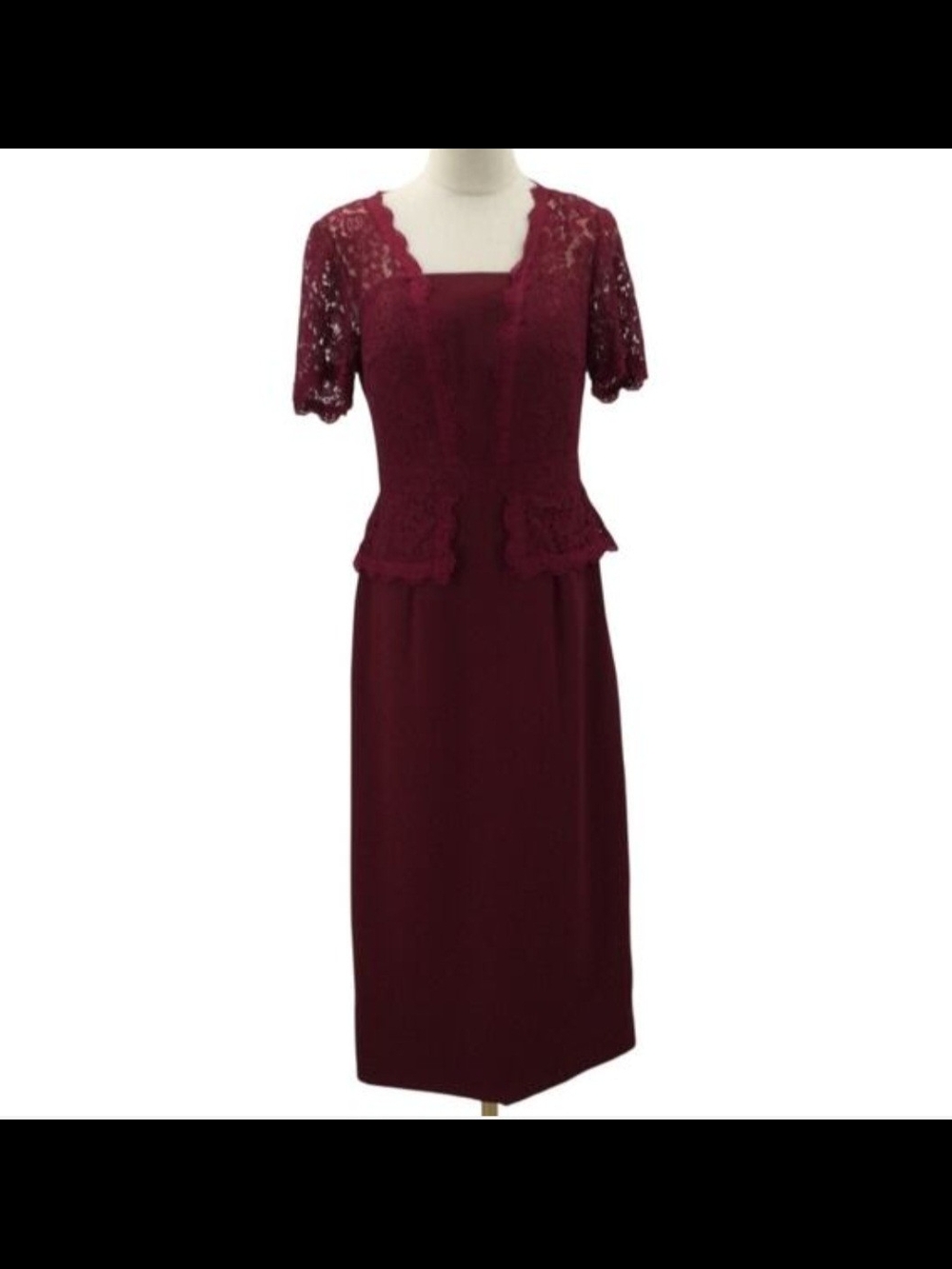 Classic Burgundy Lace Midi Dress with Peplum Detail